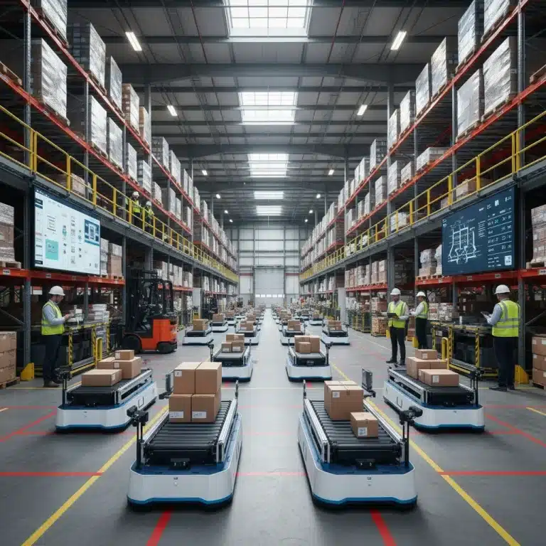 Autonomous robots streamlining operations in a large US warehouse, demonstrating efficient package handling and storage.