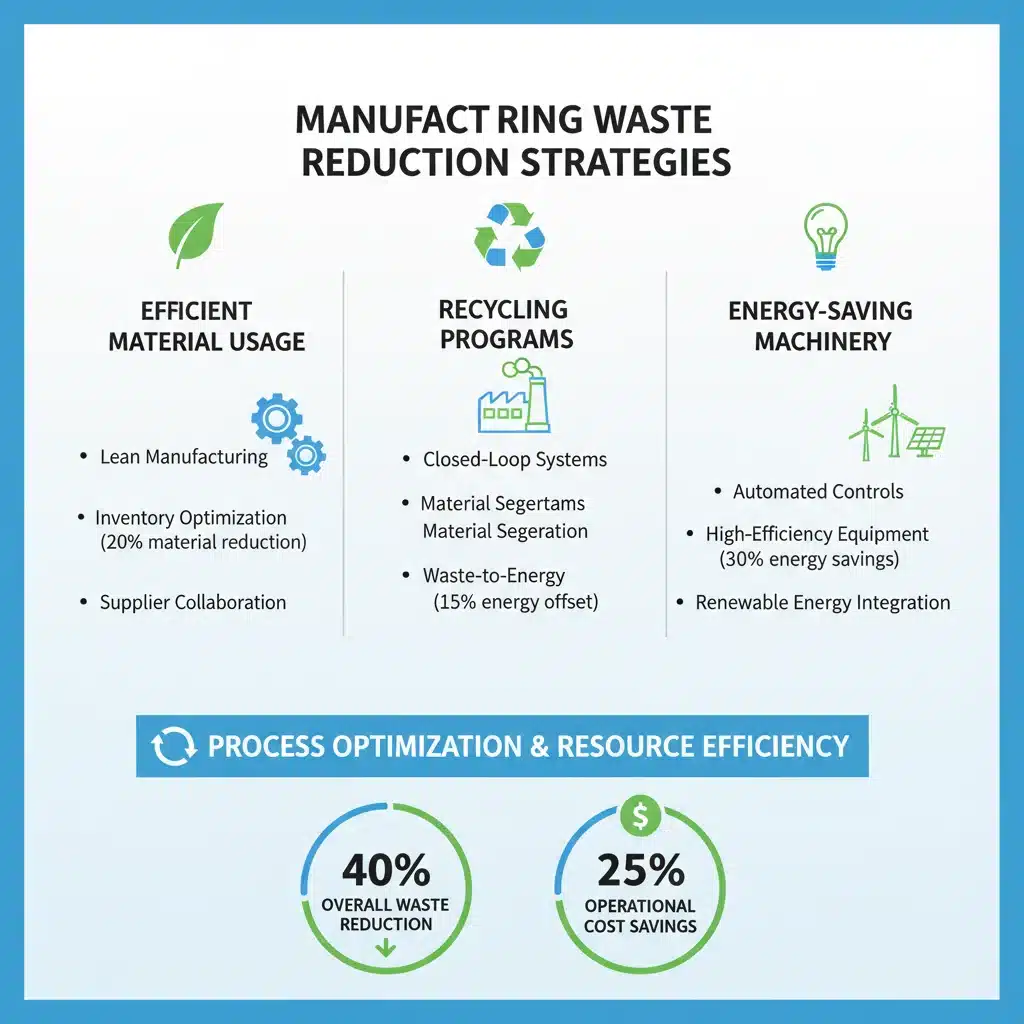 Infographic showing waste reduction strategies in manufacturing, highlighting resource efficiency.