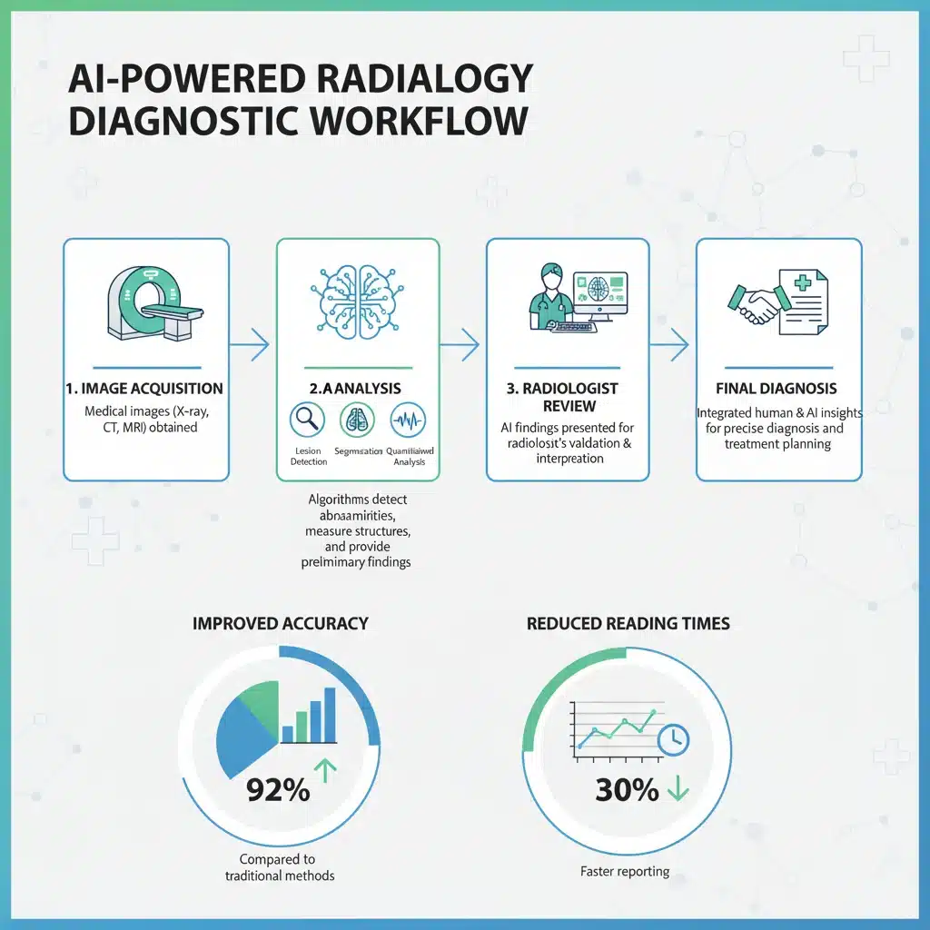 Infographic showing AI diagnostic workflow in radiology with accuracy improvements.