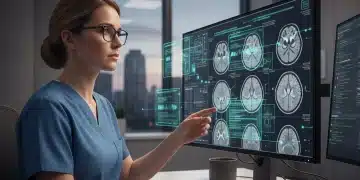 Radiologist using AI for enhanced diagnostic accuracy in medical imaging.