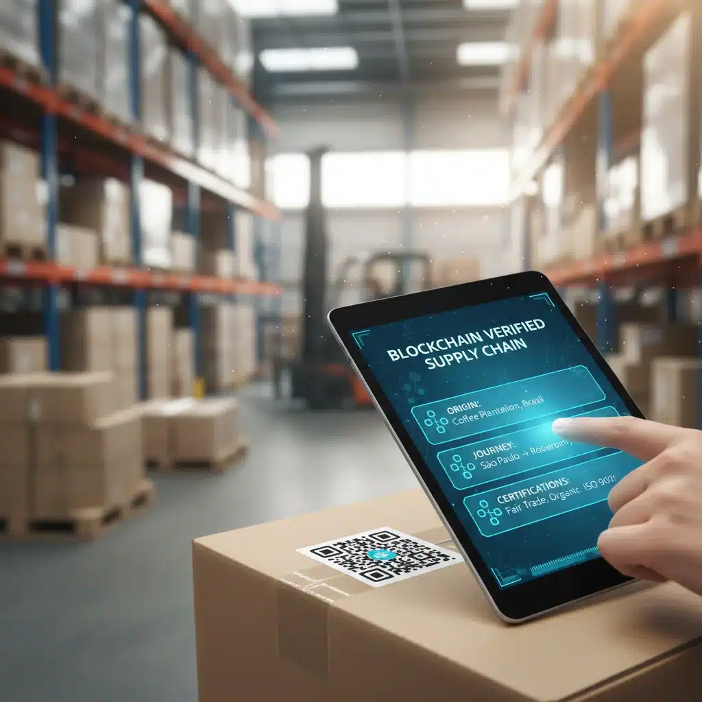 Enhanced traceability and product authentication in a warehouse using blockchain QR codes.