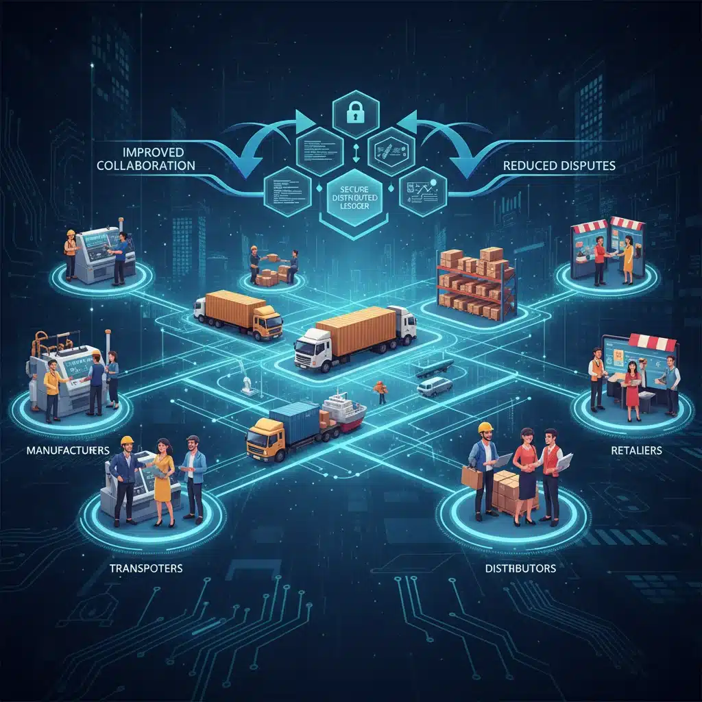 Collaborative supply chain network with blockchain, showing improved trust and data sharing among participants.
