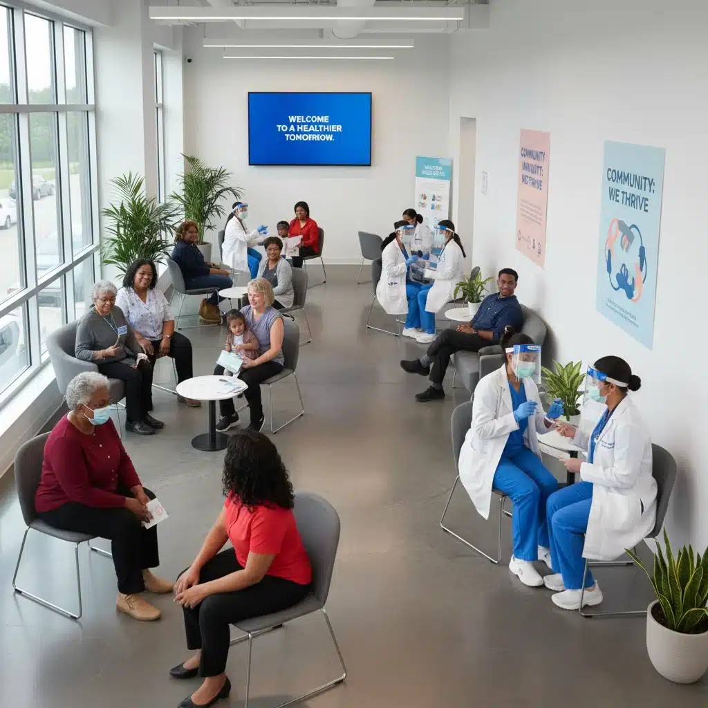 Diverse US citizens receiving vaccinations in a modern clinic, promoting public health.