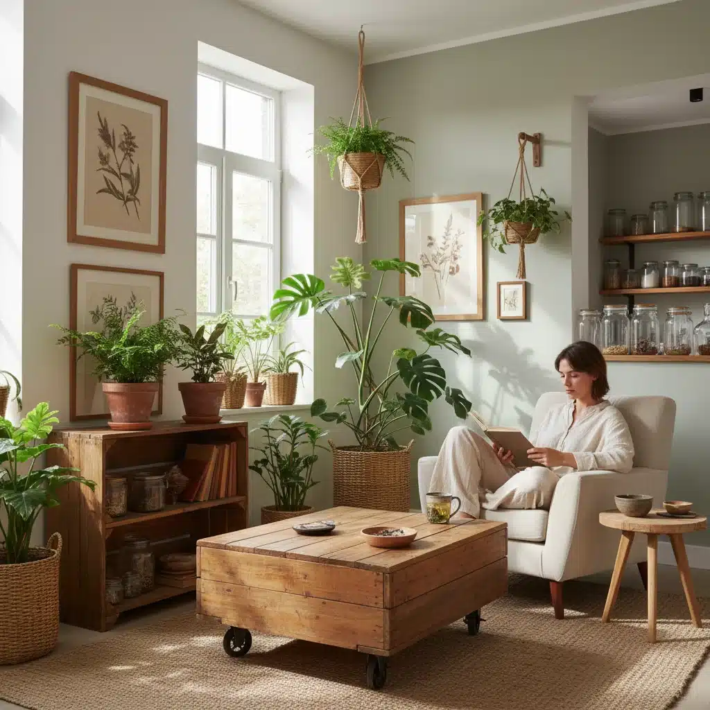 Serene home interior with upcycled furniture and plants, representing a conscious and minimalist lifestyle.