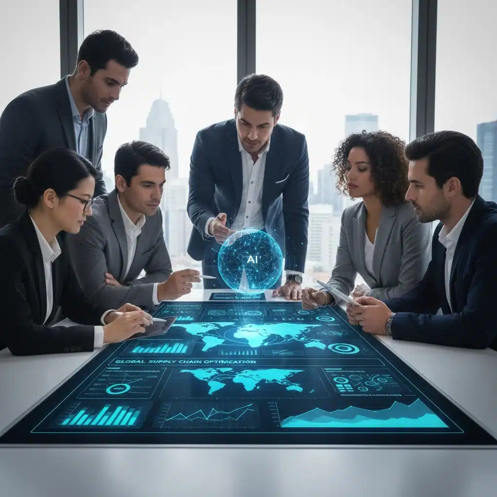 Supply chain team analyzing real-time data on a large digital screen