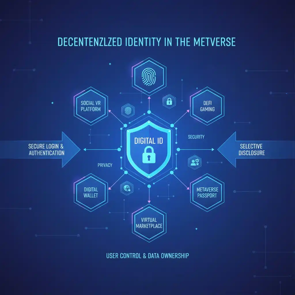 Infographic depicting decentralized identity in the metaverse, showing secure user data control across platforms.