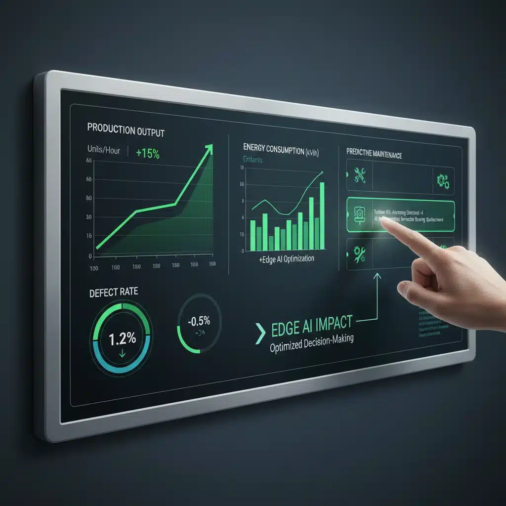 Edge AI analytics dashboard showing manufacturing efficiency improvements