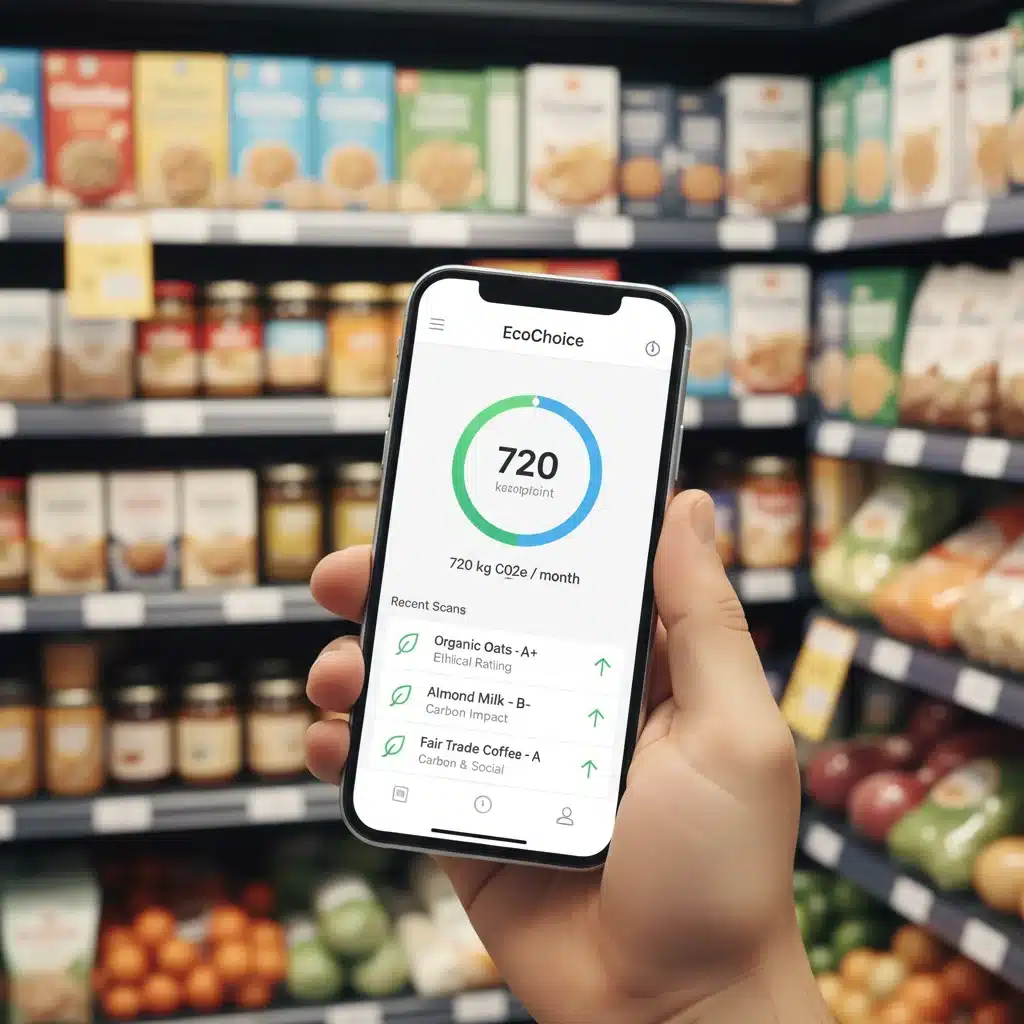 Person using a smartphone app to check ethical product ratings while shopping, emphasizing technology's role in mindful consumption.