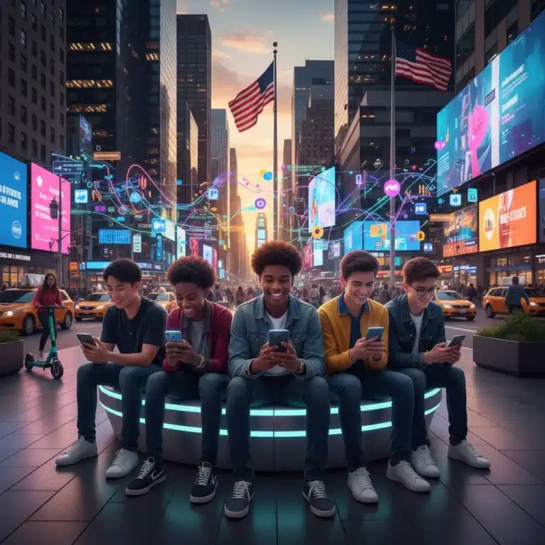 Gen Z individuals engaging with digital content on smartphones, illustrating future marketing trends in the US.