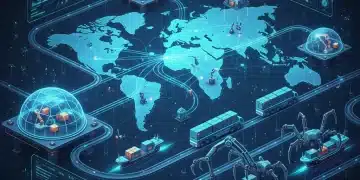 Global interconnected supply chain network with digital overlays and futuristic elements