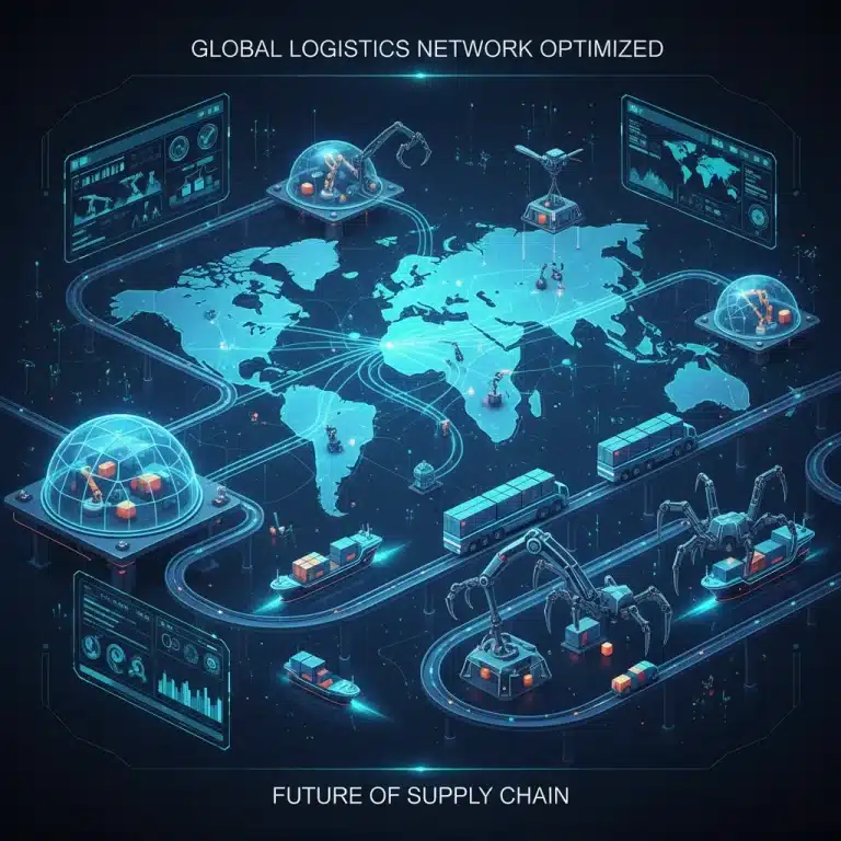 Global interconnected supply chain network with digital overlays and futuristic elements