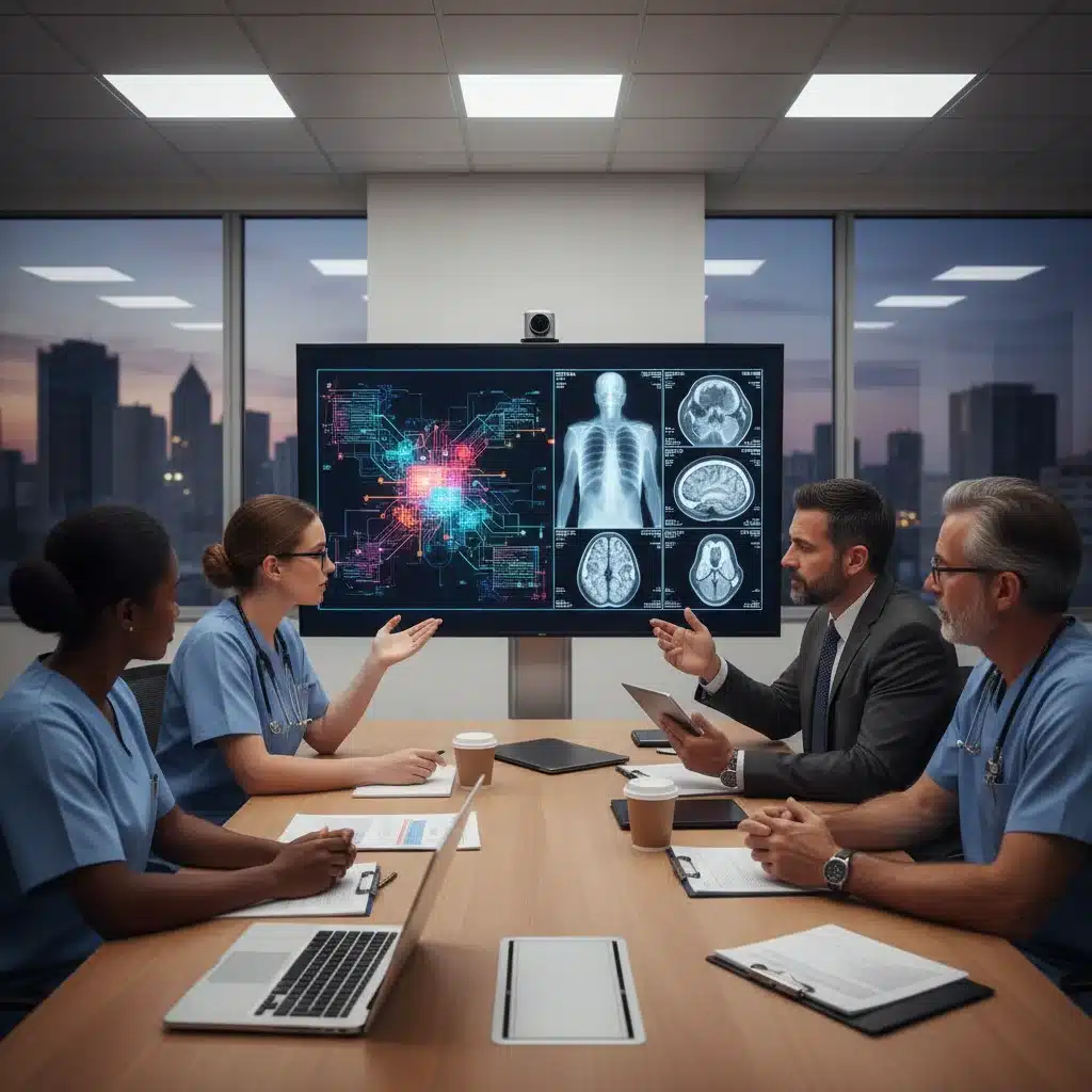 Healthcare professionals collaborating on AI implementation in radiology.