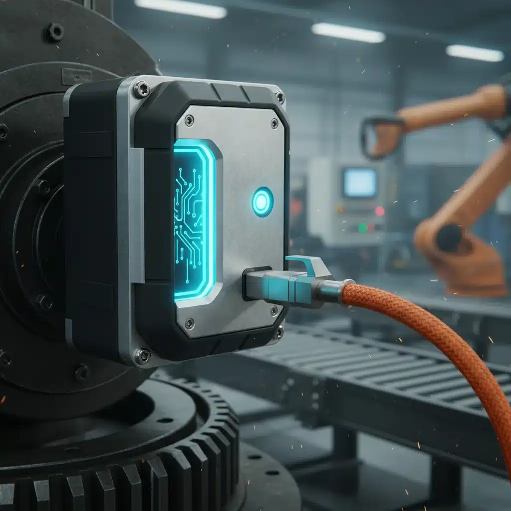 Industrial Edge AI sensor collecting real-time data on factory floor