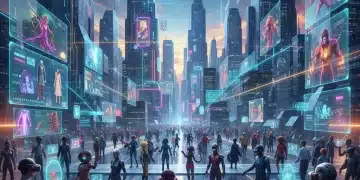 Futuristic metaverse city with interacting avatars and holographic displays, representing digital consumer engagement.