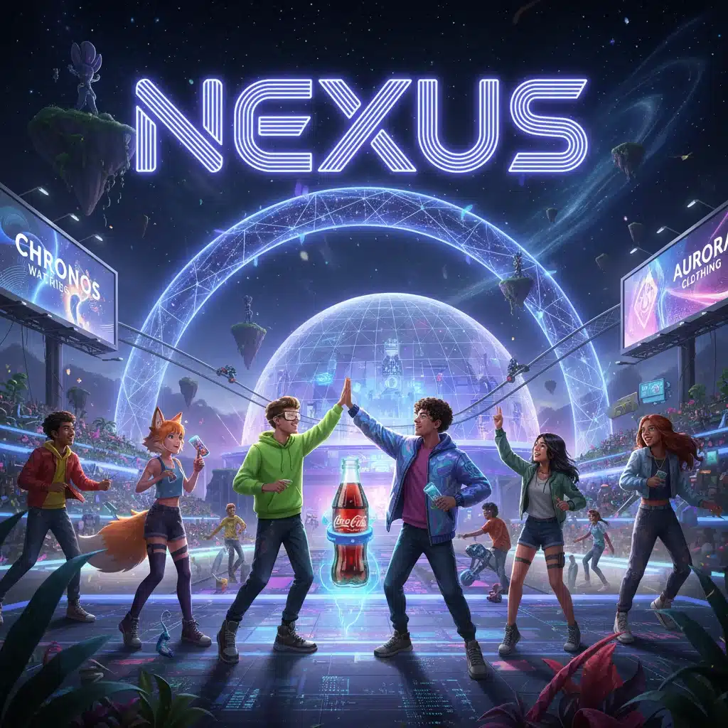 Brand logo integrated into a metaverse gaming environment, showcasing immersive digital experiences for Gen Z.