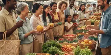 People engaging in mindful shopping at a vibrant farmers market, choosing fresh produce with reusable bags.