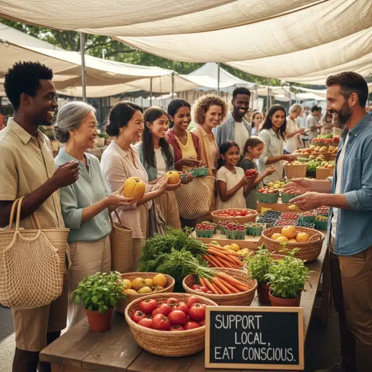People engaging in mindful shopping at a vibrant farmers market, choosing fresh produce with reusable bags.