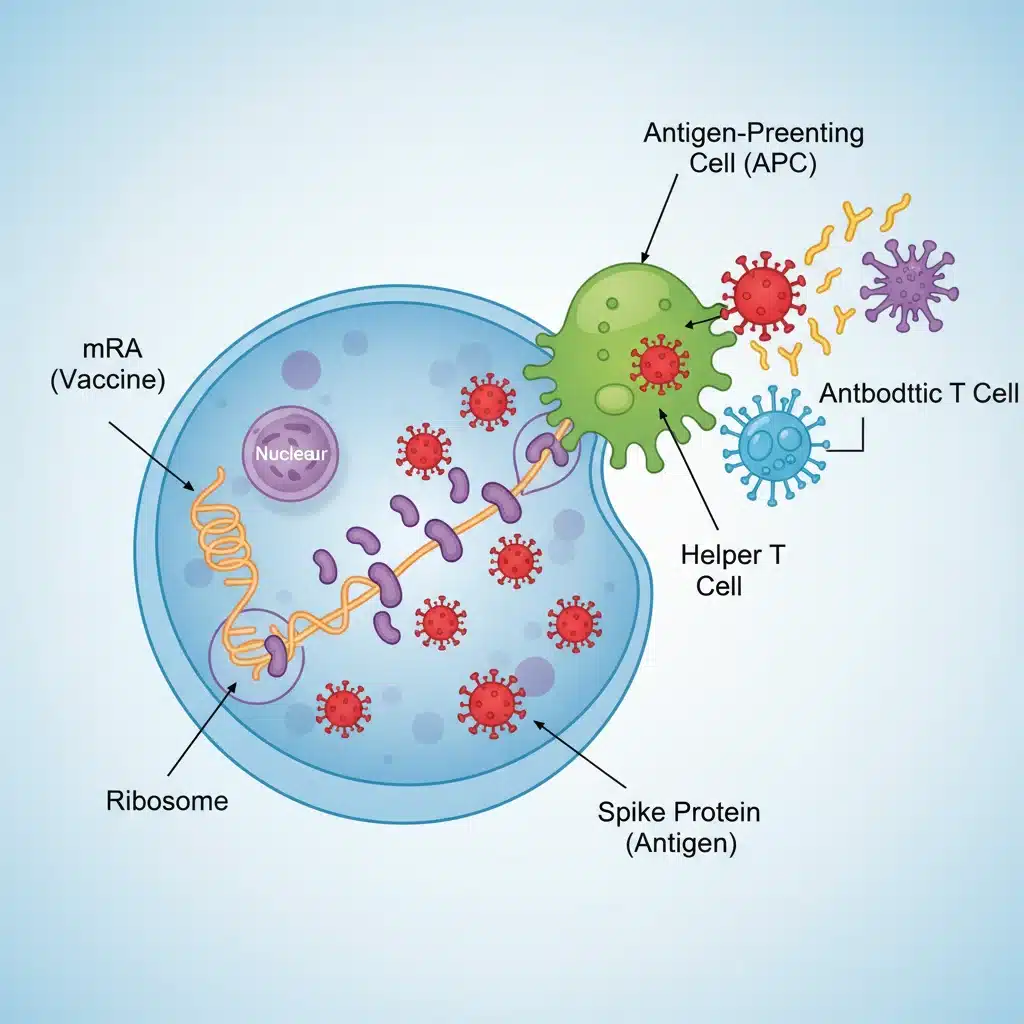 Diagram showing how mRNA vaccines work inside human cells to stimulate an immune response.