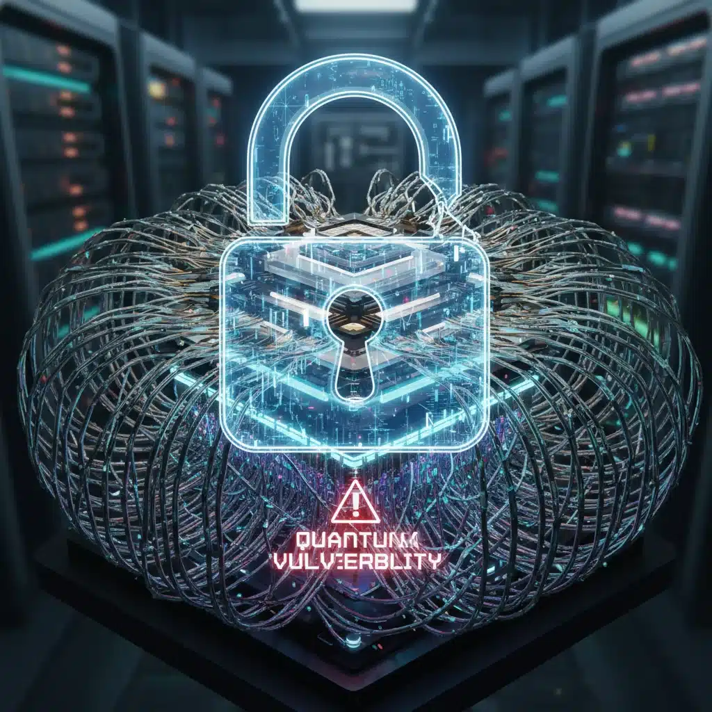 Quantum computer circuitry with padlock symbol, representing cryptographic challenges