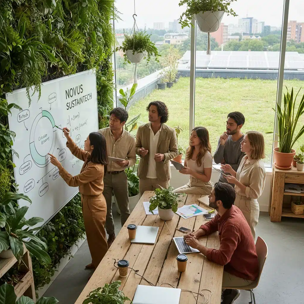 Diverse startup team collaborating on sustainable technology innovation in an eco-friendly office.