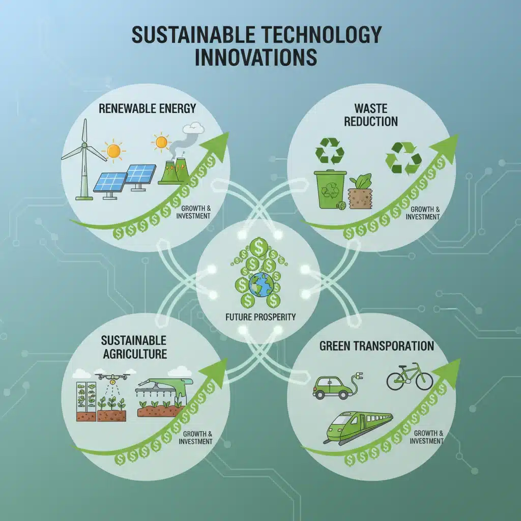 Infographic illustrating diverse sustainable technology sectors attracting significant investment.