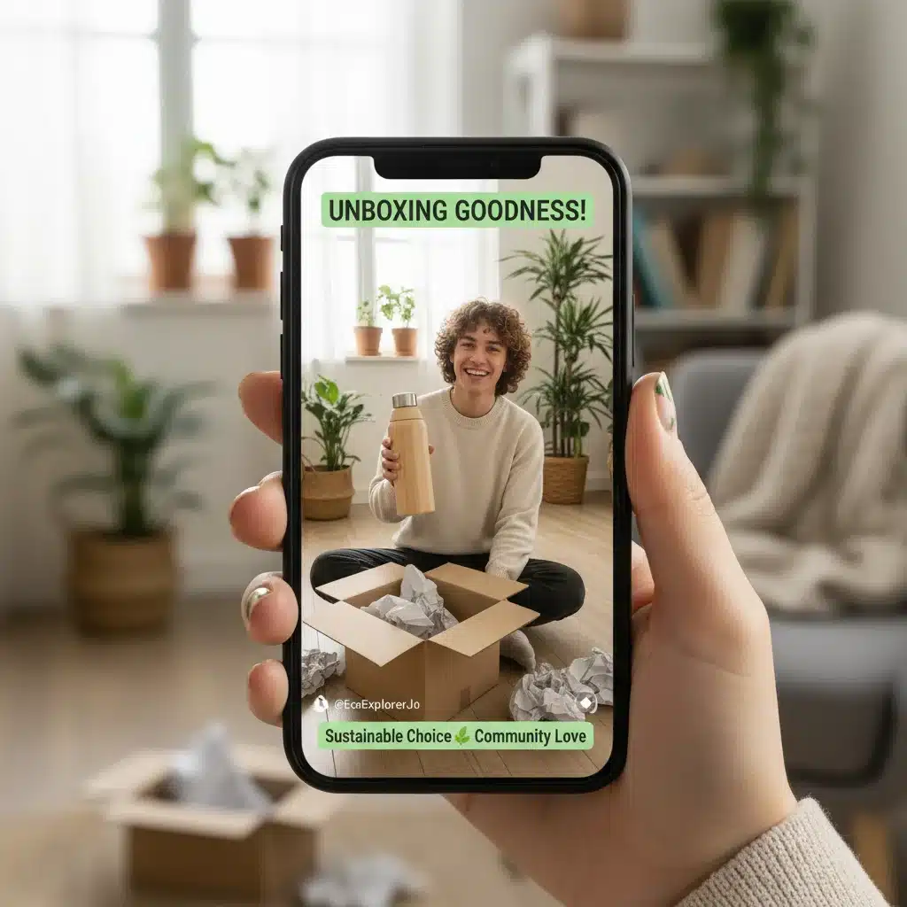 Hand holding smartphone showing user-generated content, highlighting authenticity in Gen Z marketing.