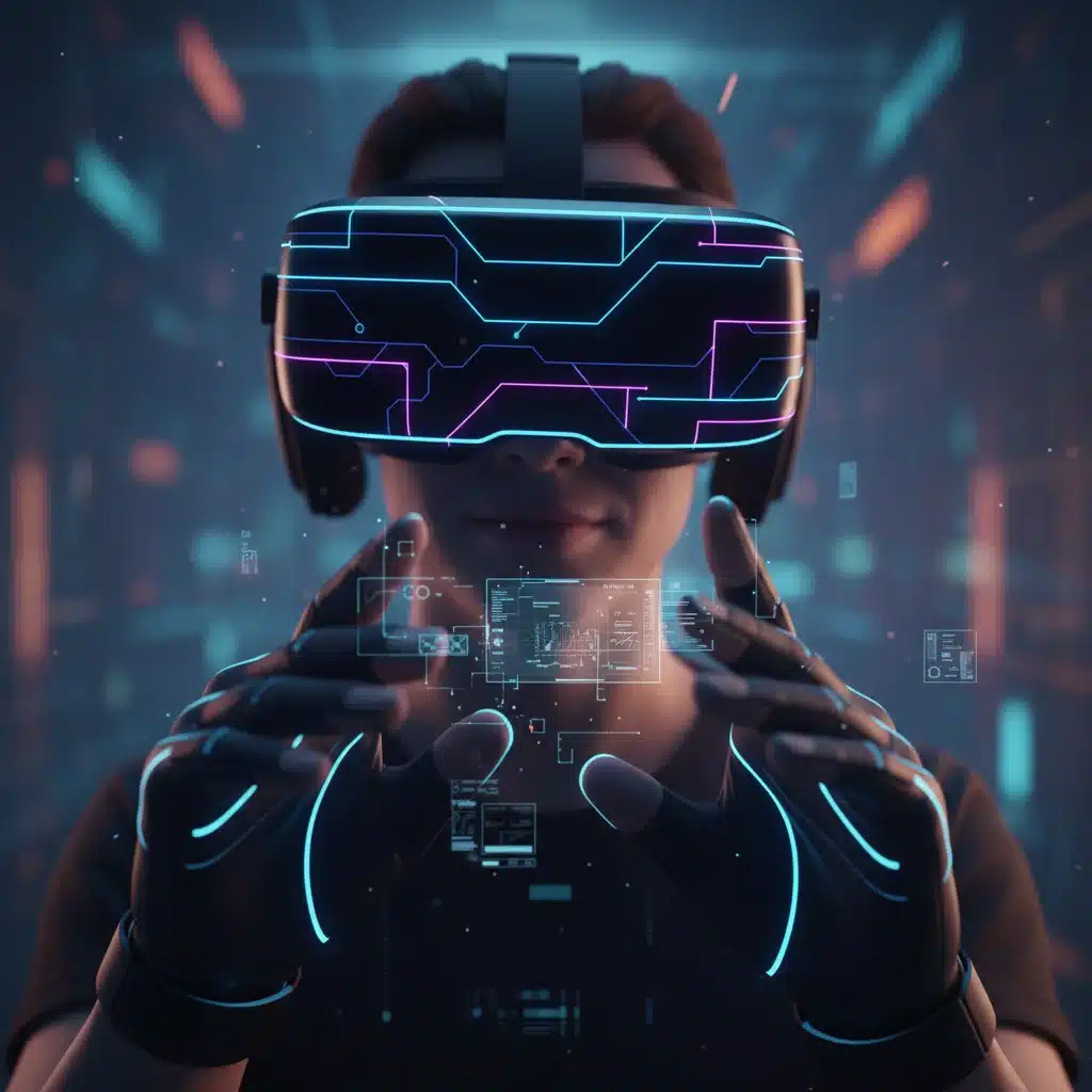 User wearing advanced VR headset, experiencing immersive digital interaction with haptic feedback.