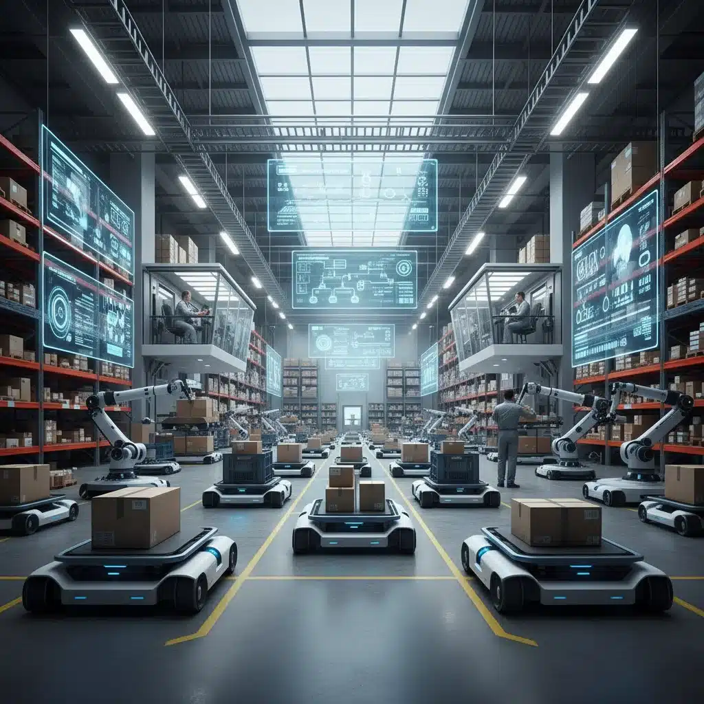 Autonomous robots efficiently moving packages in a modern warehouse facility