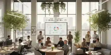 Professionals in integrated work-life setting, collaborating productively