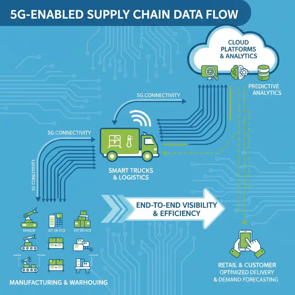 Infographic depicting real-time data flow in a 5G-enabled supply chain