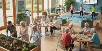 Seniors actively participating in community center activities, embodying successful aging in place.