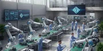 Advanced robots and human workers collaborating in a modern US manufacturing plant, symbolizing increased productivity.