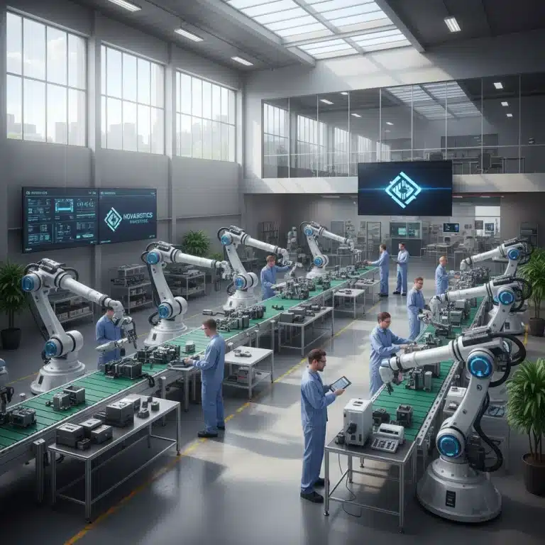Advanced robots and human workers collaborating in a modern US manufacturing plant, symbolizing increased productivity.
