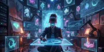 Artist collaborating with AI in a futuristic studio, blending traditional and digital art forms.