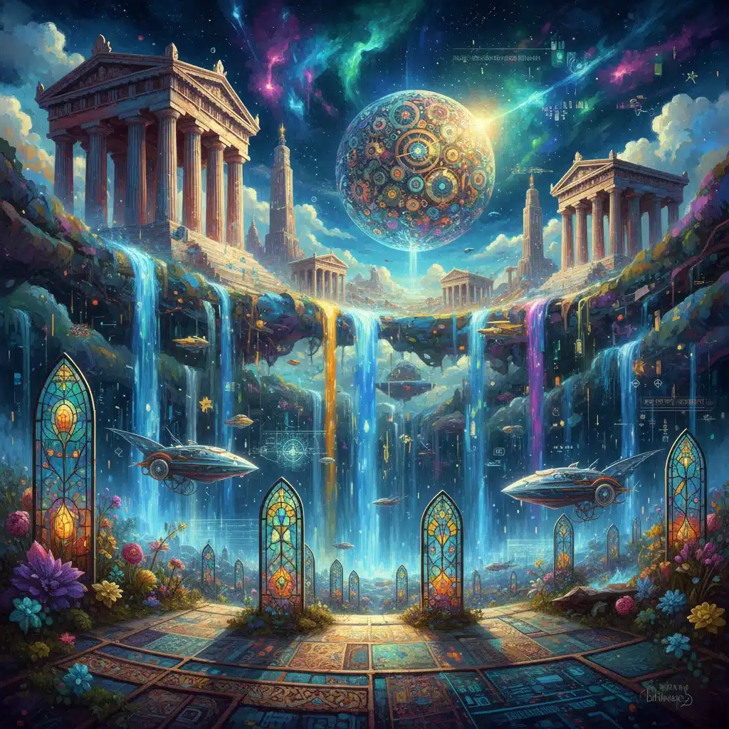 Surreal digital landscape painting created with AI assistance, blending classical and futuristic styles.