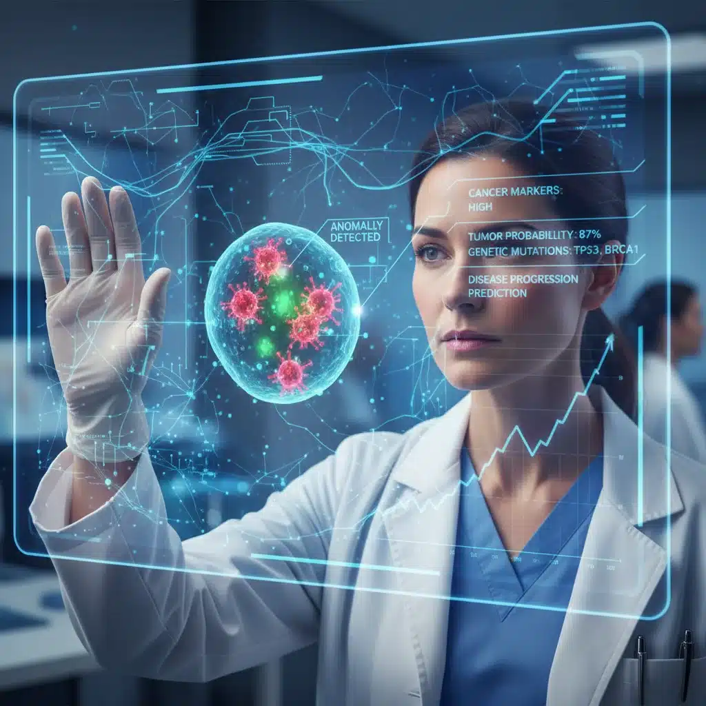 Medical professional examining AI-generated cancer insights on a screen.