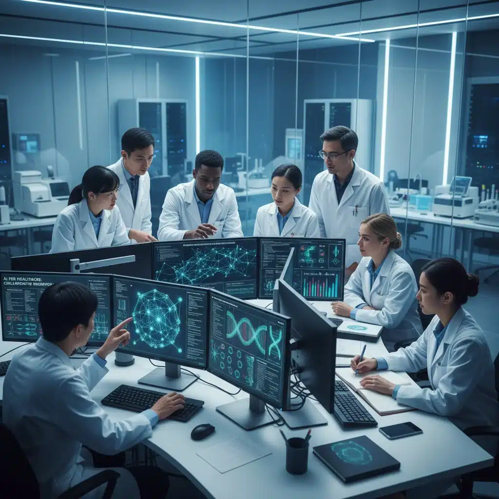 Researchers collaborating on AI algorithms for cancer detection.
