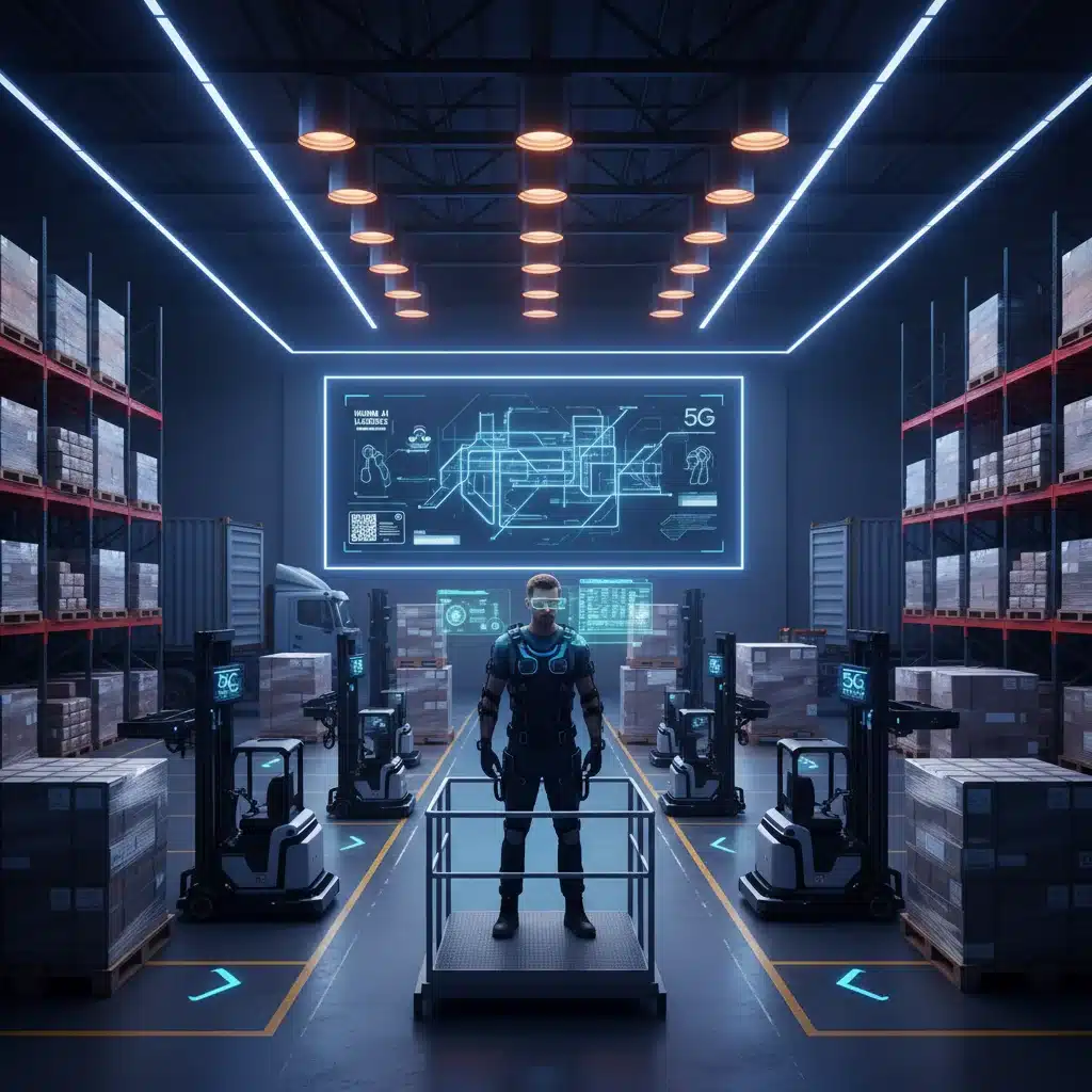 Warehouse worker with AR glasses overseeing 5G-enabled robotic forklifts