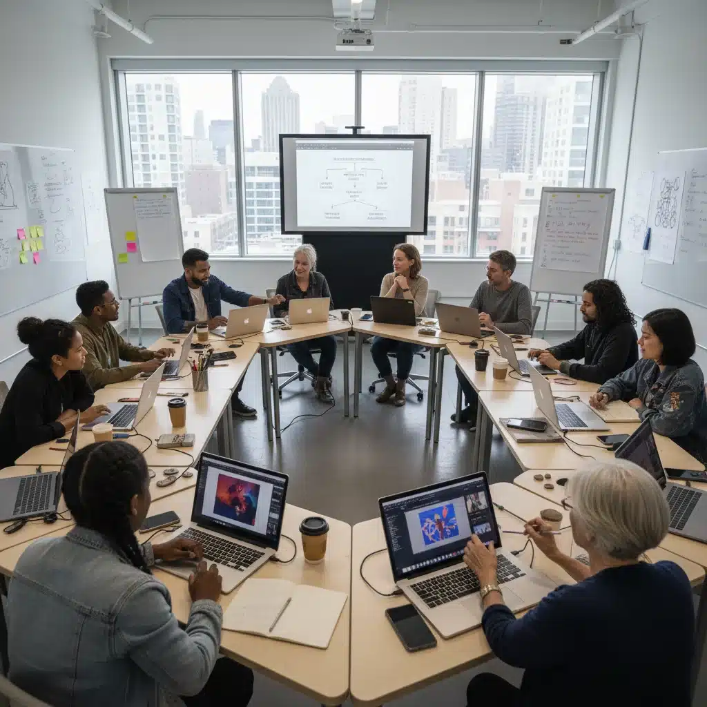 American artists learning AI art generation tools in a collaborative workshop setting.