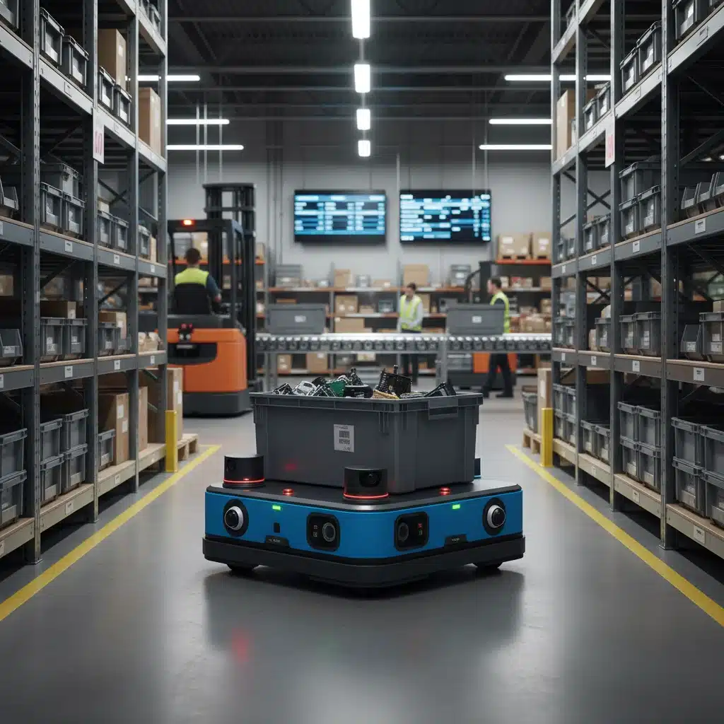 Autonomous mobile robot transporting materials in a smart factory warehouse.