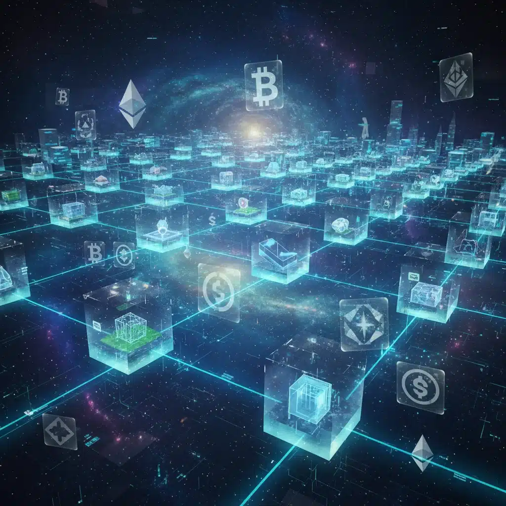 Blockchain network with glowing data blocks, representing secure transactions and digital ownership in the metaverse.