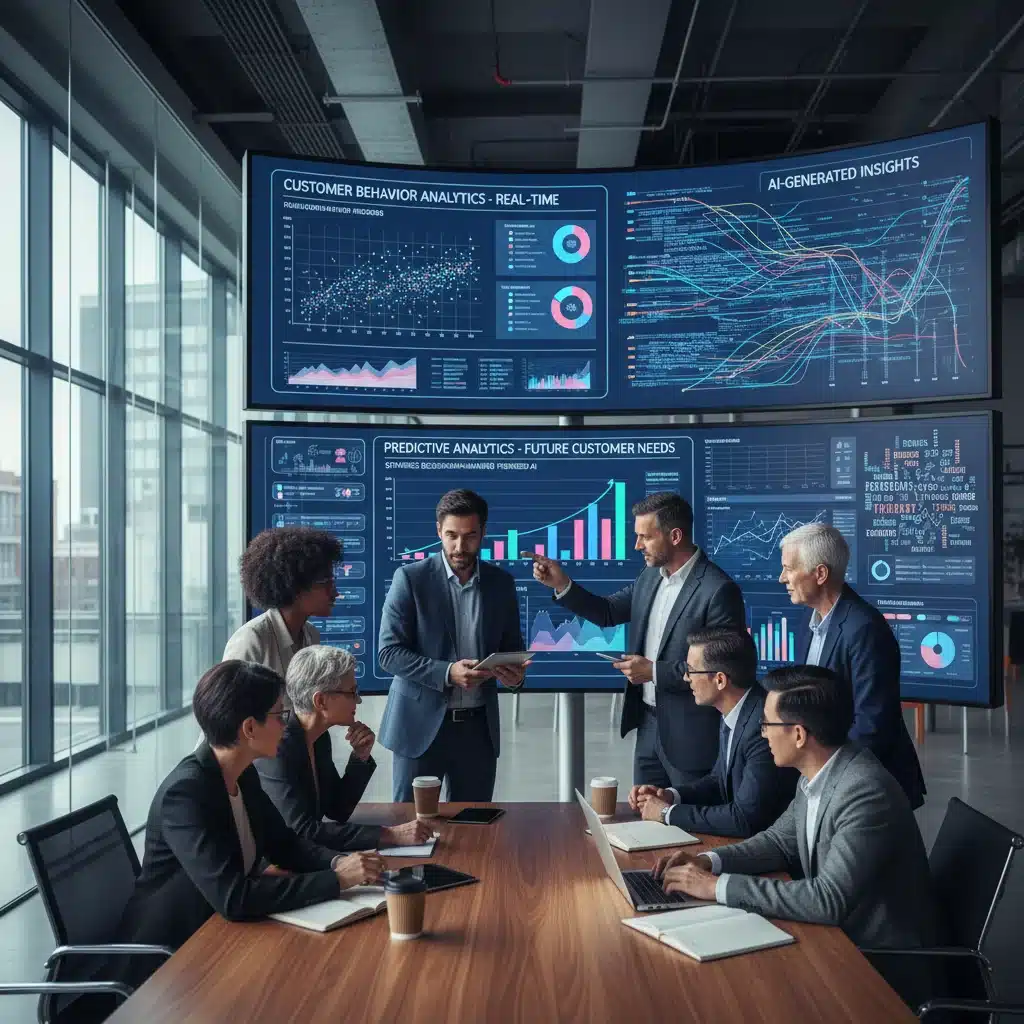 Business team analyzing AI-driven customer behavior analytics