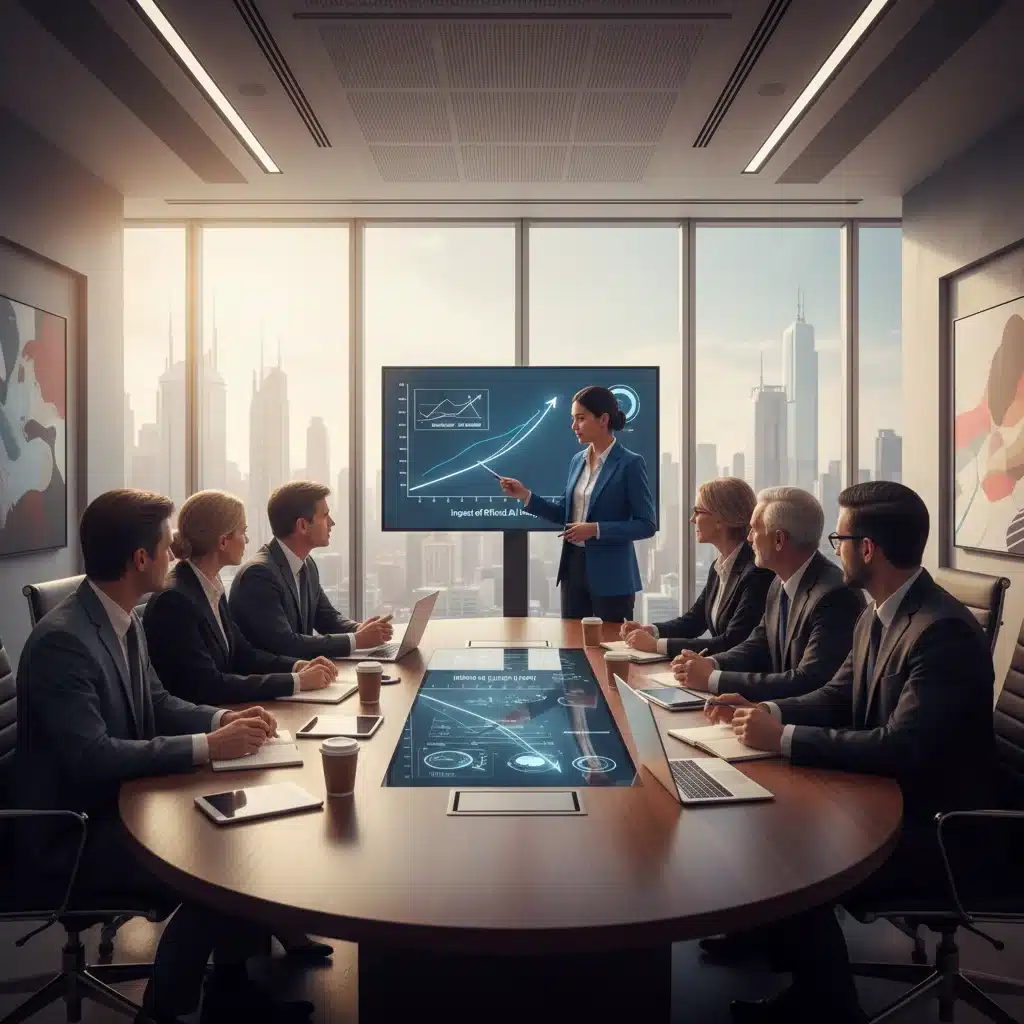 Business leaders discussing ethical AI policies, strategic AI implementation, consumer trust metrics