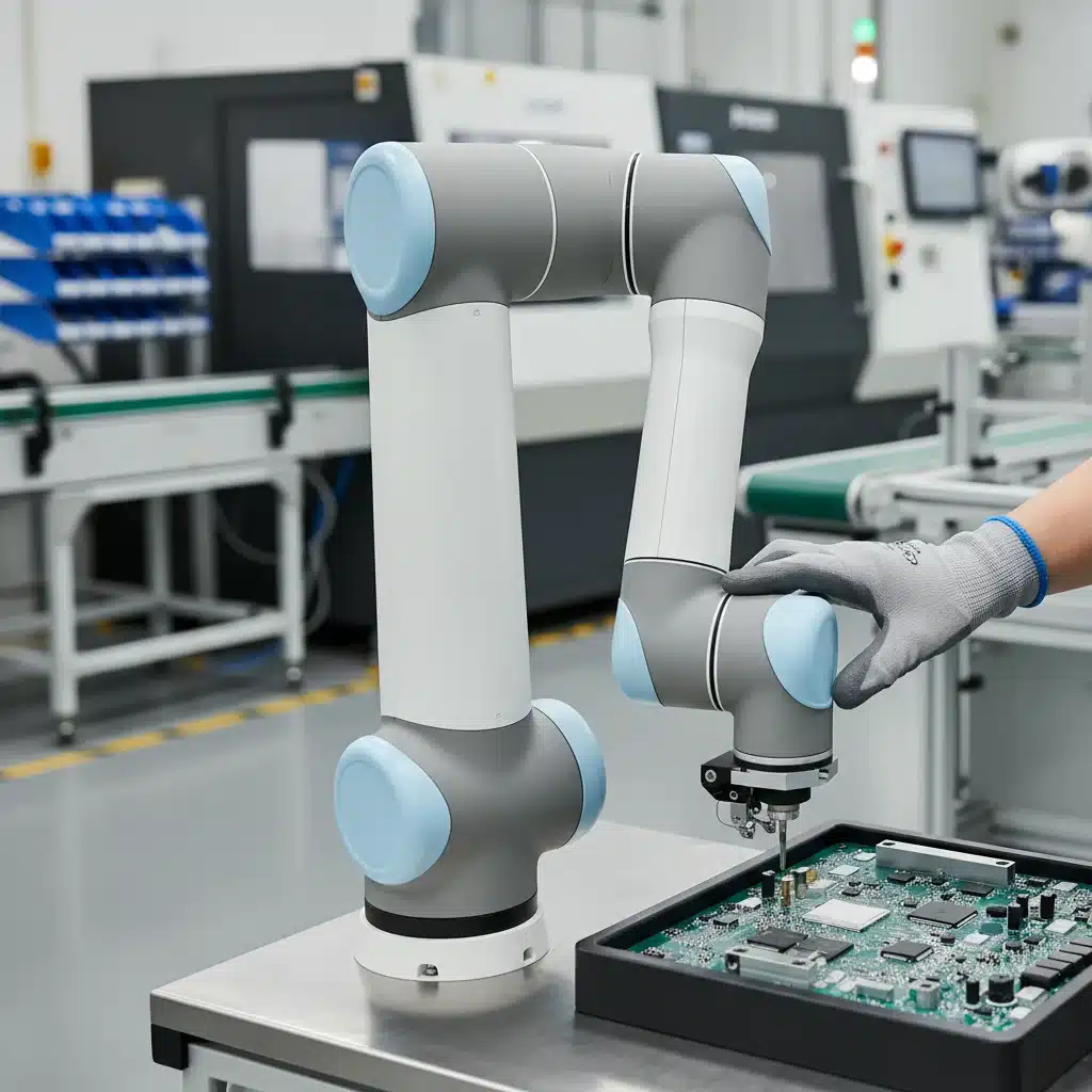 Human and collaborative robot working together on an assembly line, demonstrating safe interaction.