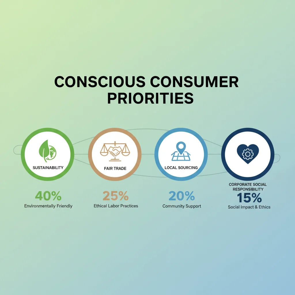 Infographic showing conscious consumer priorities: sustainability, fair trade, local, social responsibility.