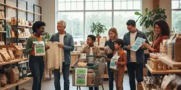Diverse shoppers choosing ethical and sustainable products in a modern store, representing conscious consumerism.
