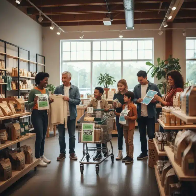 Diverse shoppers choosing ethical and sustainable products in a modern store, representing conscious consumerism.