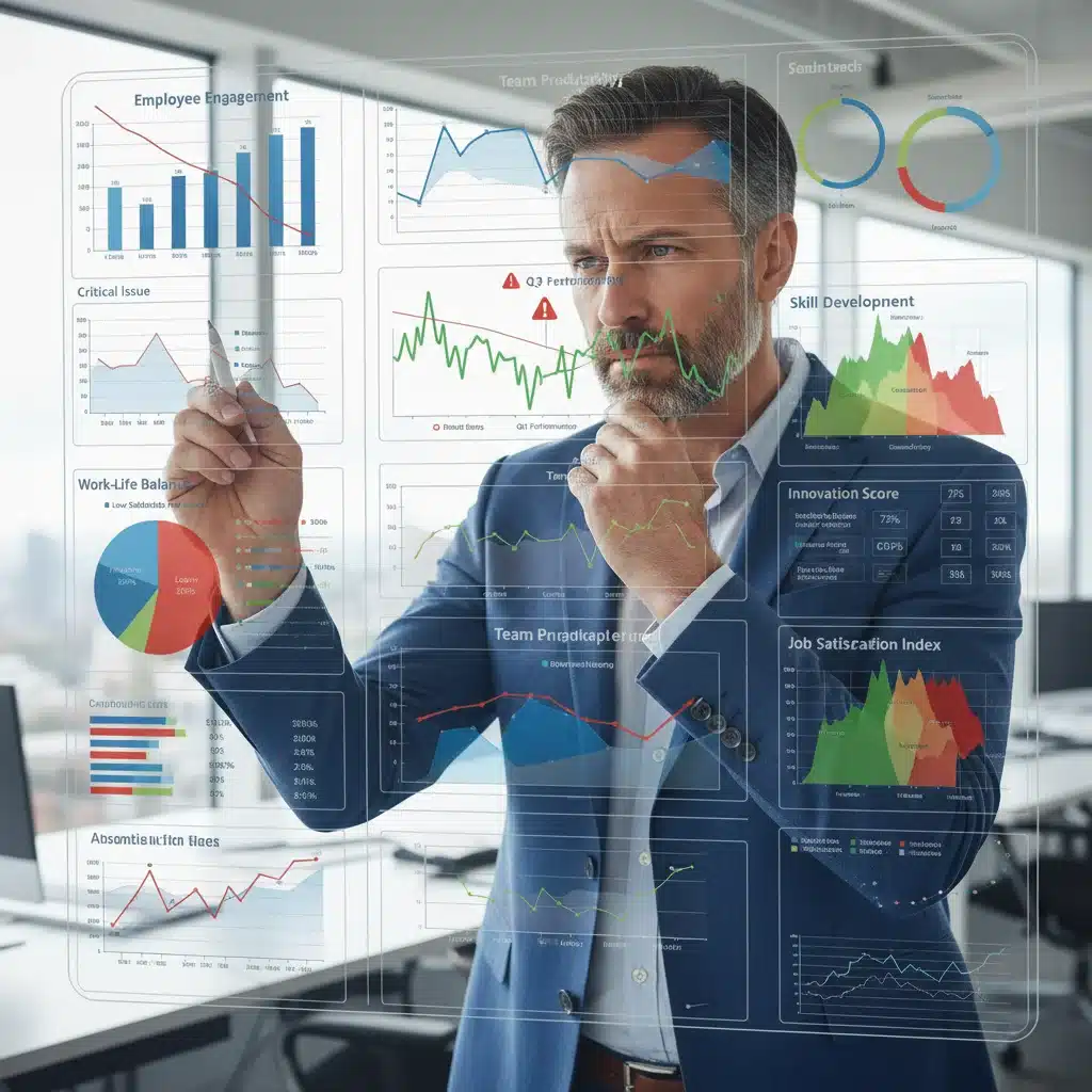 Manager analyzing employee engagement and productivity data on a dashboard.