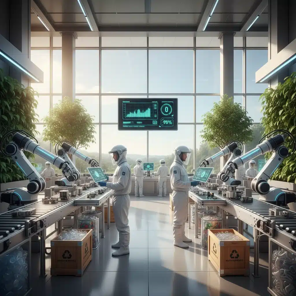 Clean factory with ethical labor and sustainable production, showcasing responsible manufacturing.
