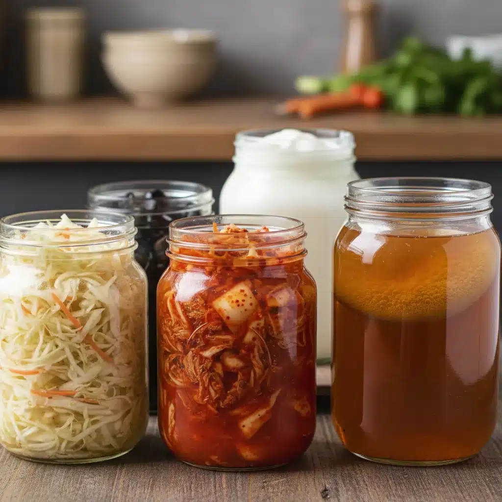 Assortment of fermented foods in glass jars